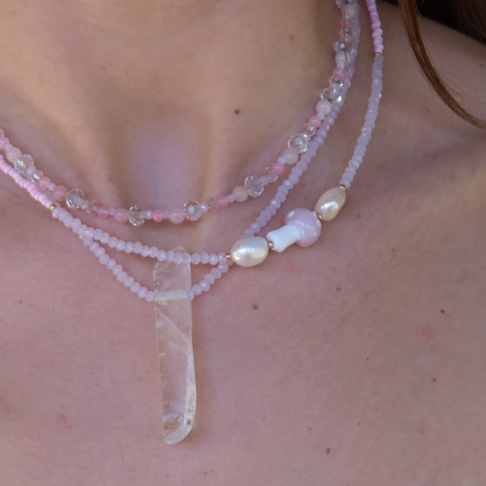 Rose Quartz, Freshwater Pearl & Clear Quartz Necklace Trio | 3 Piece Set - Picture 2 of 5